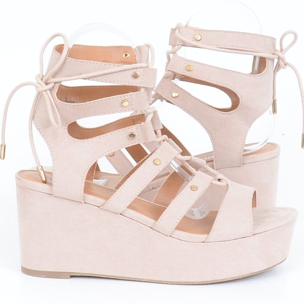 Charles David Nude Gladiator Caged Lace up Platform Wedge Sandal Women's 9 NEW